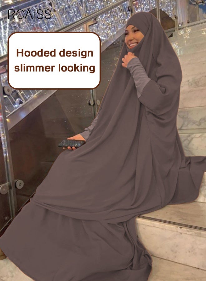 roaiss Women's Traditional Wear Loose Suit Casual Hooded Large Hem Circumference Solid Color Gown 2 Piece Classic National Worship Long Sleeve One-Piece Headscarf Abaya Dress Brown - Image 4